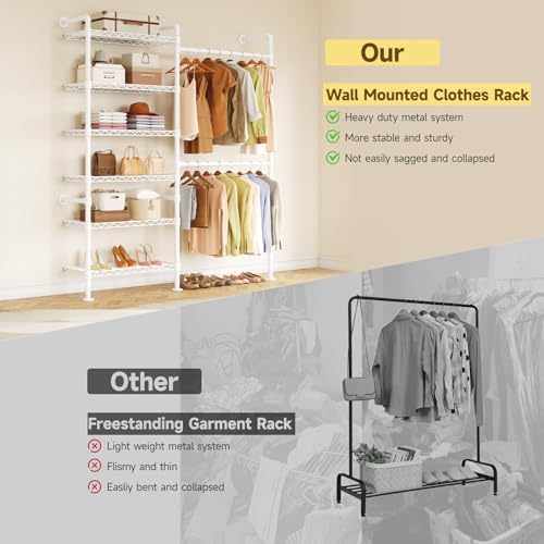 ONBRILL H2 Wall Mounted Clothing Rack, Expandable Industrial Pipe Clothes Rack Garment Racks for Hanging Clothes, Heavy Duty Closet Organizers and Storage in Closet System, White - Image 5
