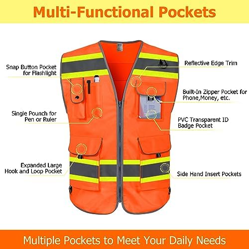 TCCFCCT Safety Vest for Men 9 Pockets High Visibility Vest, DB-Orange 5XL - Image 3