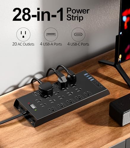 Surge Protector Power Strip 4800J, LeZone 10Ft Long Extension Cord Flat Plug, 20 Outlets 4 USB-A 4 USB-C Ports, Wall Mountable, Home Office Dorm Essentials, Black - Image 2