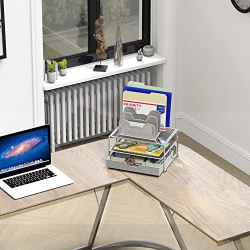 Simple Houseware Mesh Desk Organizer with Sliding Drawer, Silver - Image 5