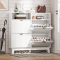Shoe Cabinet Storage for Entryway with 4 Flip Drawers, Fluted Narrow Shoe Organizer with Wooden Legs & Top Cubby, Freestanding Slim Shoe Storage Hidden Shoe Rack for Front Door Entrance, White by HUANLEGO