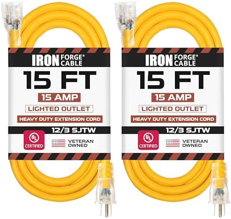 Iron Forge Cable Lighted Outdoor Extension Cord 15 ft 2 Pack - 12 Gauge 15 Amp Heavy Duty Power Extension Cords - SJTW - Great for Major Appliances, Power Tools, Garden Supplies - Yellow by IronForgeCable