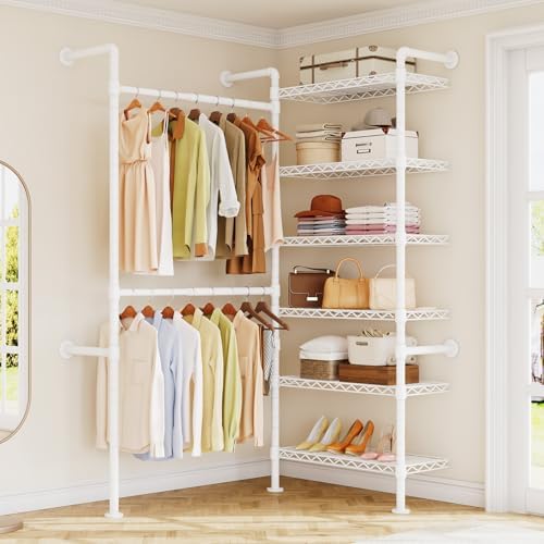 ONBRILL H2 Wall Mounted Clothing Rack, Expandable Industrial Pipe Clothes Rack Garment Racks for Hanging Clothes, Heavy Duty Closet Organizers and Storage in Closet System, White - Image 3