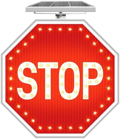 24" Solar Stop Sign with LED Flashing Lights, Traffic Street Road Stop Warning Sign Solar Powered with Aluminum Frame and Engineered Reflective film, High Visibility & IP65 Wateproof for Outdoor by KERTY