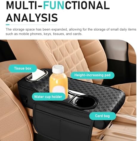 Car Center Console Cover, Microfiber Leather Car Armrest Cover Cushion with 2 Storage Bags, Cup Holders, Tissue Box Slot, Universal Car Armrest Storage Box for Most Vehicles (Black) - Image 5