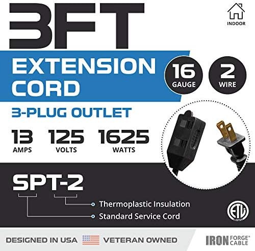 Iron Forge Cable 16 Gauge Black Indoor Extension Cord, 3 Ft - SJT - Image 2