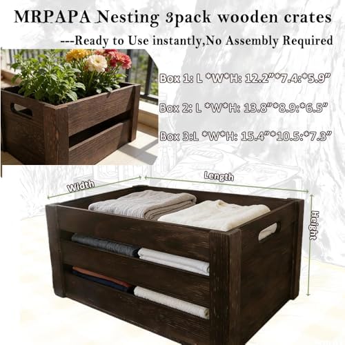 Rustic Wooden Crates Set of 3 - Reinforced Sturdy Wood Storage Crates with Cut-Out Handles, Assemble Easy Stackable Decorative Crates for Kitchen, Garage, Farmhouse - Image 3