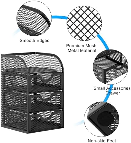 EasyPAG Mesh Desk Organizer with 3 Drawer Office Desktop Organizers and Accessories Stationery Caddy for Office, Home, Students, Black - Image 3