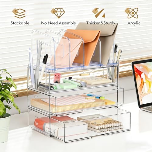 LALOBLUE Acrylic Desk Organizer with 4-Vertical File Holder Rack, 3-Clear Drawer and 2 Pen Holders, Desktop Storage for Office Desk Accessories School Classroom Organization (Clear) - Image 3