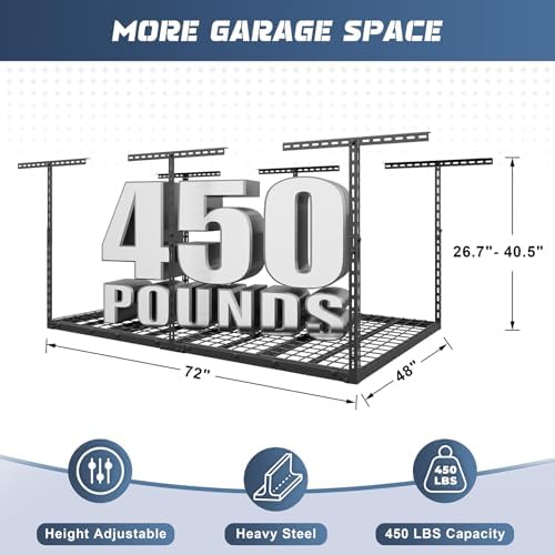 Jusgym 4X6FT Overhead Garage Storage Rack, 26"-40" Height Adjustable Garage Ceiling Storage Racks, Heavy Duty Metal Overhead Storage Organizer System, 450LBS Weight Capacity - Image 2