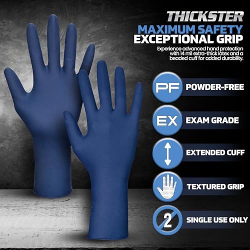 Thickster Powder-Free Exam Grade Latex Disposable Gloves. Blue, 14 mil Thickness, 12" Length. Single Use. Pack of 50. - Image 2