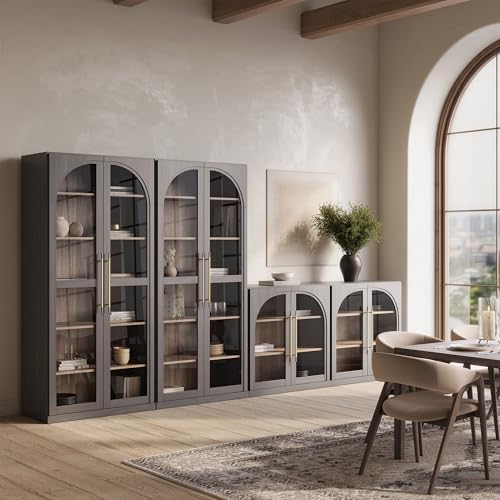 BELLEZE 67" Storage Cabinet Set of 2, 6 Shelf Glass Bookshelf Display Cabinet, Modern Wood Wine Curio Cabinets with 4 Adjustable Shelves, Trophy Display Case for Living Room, Wine, Ebony - Image 5