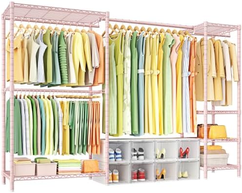 Ulif E10 Clothes Rack（With Stretchable Hanger Rod）Freestanding Clothing Racks for Hanging Clothes，Adjustable Closet Organizer System，Portable Garment Rack 73-97"W x 15" D x 72" H，Max Load 800LBS，Pink by Ulif