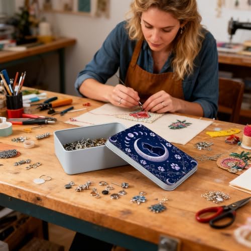 Indigo Moon Cat Metal Tin Box with Lid,Storage Container - Image 6