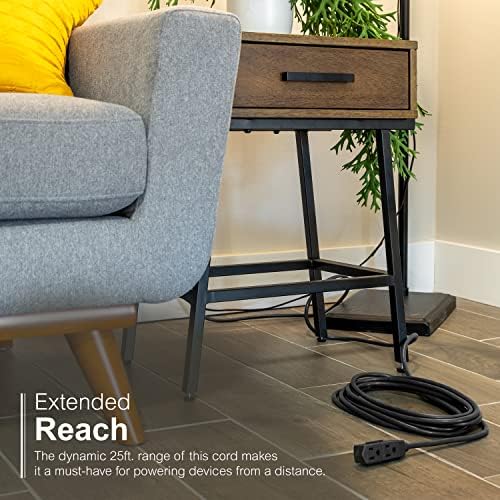 GE 3-Outlet Flat Extension Cord 25 Ft Grounded Extension Cord with Multiple Outlets 3 Prong Outlet Extender Flat Plug Power Strip Indoor Extension Cord 16 Gauge UL Listed Black 69921 - Image 3