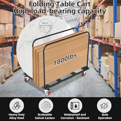 Folding Table Cart, Heavy Duty Drywall Cart 1800 LB & 10 Table Capacity, Table Dolly with 5" PU Swivel Wheels for Moving Box, Wood, Drywall, Panel, Party Events, Factory, Warehouse - Image 3
