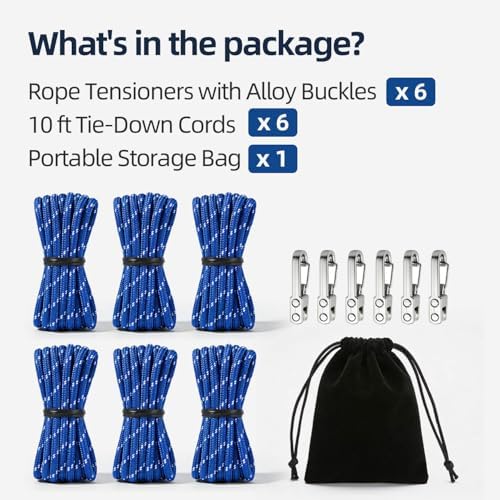 6 Pack Rope with Roller Tensioner for Easy and Secure Tying,Retractable Buckle Rope, Adjustable Tensioner Tie Down Ropes for Daily & Outdoor Use,Tent, Motorhome, Camping(Blue - Image 6