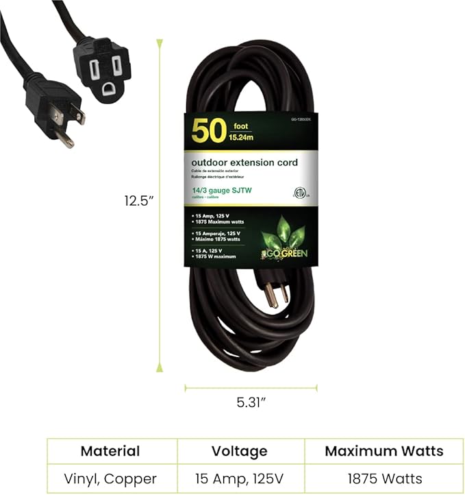 Go Green Power Inc. 14/3 50ft Black Outdoor Extension Cord - Image 2