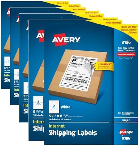 Avery Half-Sheet Printable Shipping Labels, 5.5" x 8.5" Customizable Stickers, White, 50 per Pack, 100 Blank Mailing Labels, Great for Mailing, Shipping, Organizing, and More,8126, 2 Count (Pack of 4) by Avery