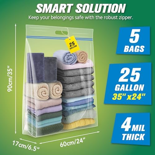 HIBAG 25 Gallon Jumbo Storage Bags, 35” x 24” Resealable Clear Bags with Handle, Extra Large XL Heavy Duty for Clothes Pillow Travel Moving, Pack of 5 - Image 2