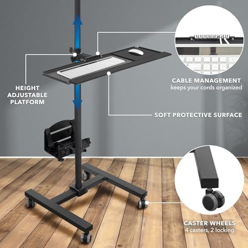 Mount-It! Rolling Computer Cart on Wheels, Mobile Desk Workstation with Monitor Mount for up to 32" Screen, Full Keyboard Tray, Floating Adjustable CPU Holder, Standing up to 70" Tall - Image 3