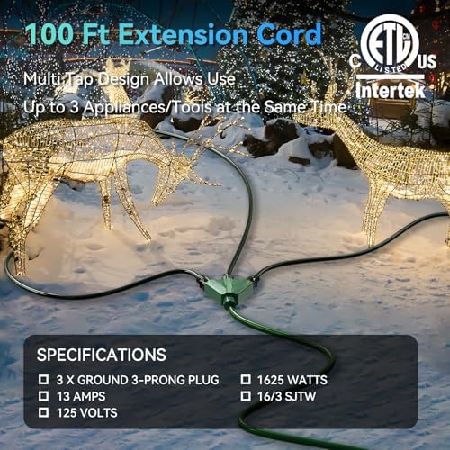 K KASONIC 100 FT 3 Outlet Outdoor Extension Cord, 16/3 Grounded Cord, Green - Image 2