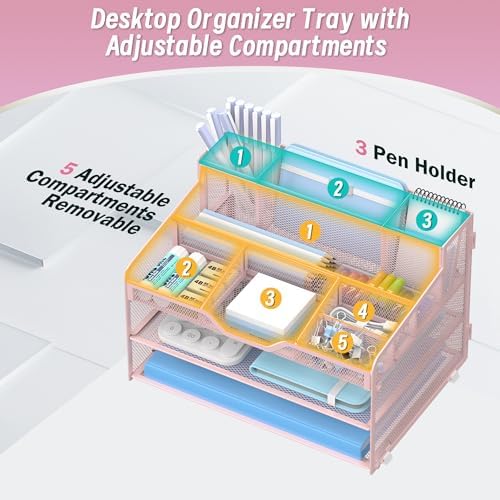 3 Tier Mesh Paper Desk Organizer with Pen Holders, Pink - Image 5