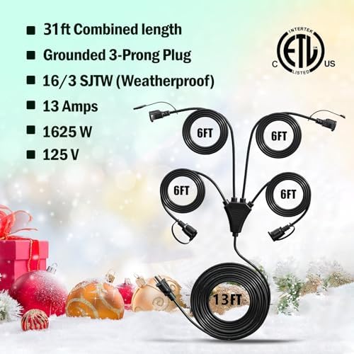 Eversimpleinc Black 1 to 4 Splitter Outdoor Extension Cord 13 FT 4 Outlets - Image 2