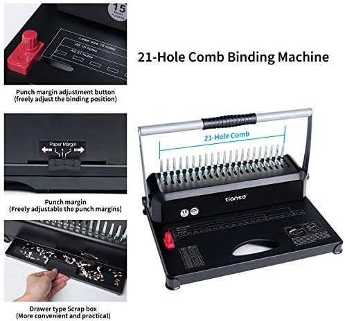 TIANSE Binding Machines, 21-Holes, 450 Sheets, Comb Bind Machine Book Maker with 100 PCS 3/8'' Comb Binder Spines Starter Kit, Comb Binding Machine for Letter Size, A4, A5 or Smaller Sizes - Image 3