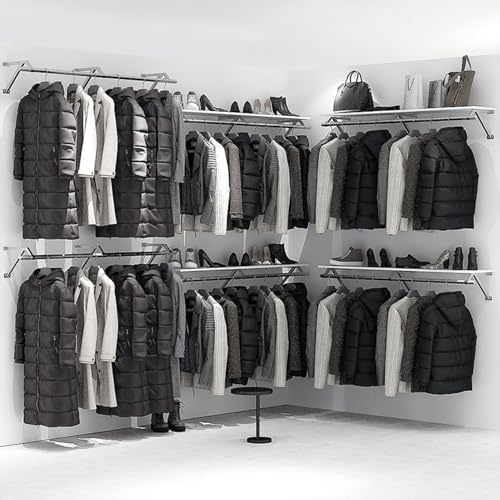 Wall Mounted Clothes Rack with Top Shelf, Heavy Duty Stainless Steel Industrial Clothing Rack ，Metal Shelf Multi-Purpose Hanging Rod，Space-Saving Closet Storage for Bedroom Laundry Room - Image 7