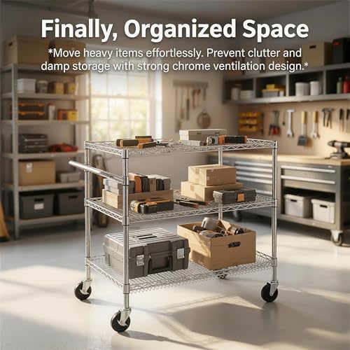 Finnhomy 3 Tier Heavy Duty Commercial Grade Utility Cart, Wire Rolling Cart with Handle Bar, Steel Service Cart with Wheels, Kitchen Carts on Wheels, Metal Cart Shelf Size 24" D x 36" W, NSF, Chrome - Image 6