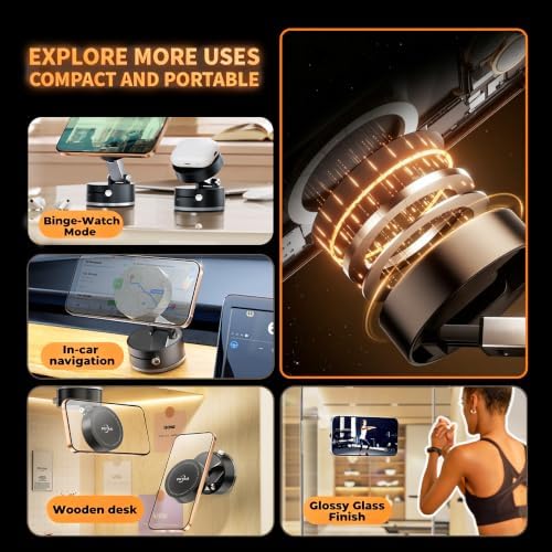 PKYAA 2026 Upgraded Foldable and Retractable Magnetic Mount, Vacuum Suction Magnetic Phone Holder, A Movable Vacuum Suction Cup Car Phone Stand for Cars/Gyms/Mirrors/Smooth Surface (Black) - Image 5
