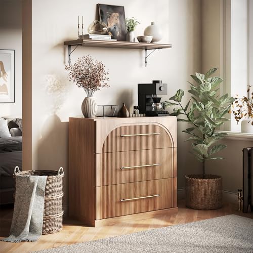 BELLEZE Bookcase with 3 Drawers, Modern Book Shelf with Metal Handle, Wood Bookshelves for Living Room Office Entryway (Camel) by BELLEZE