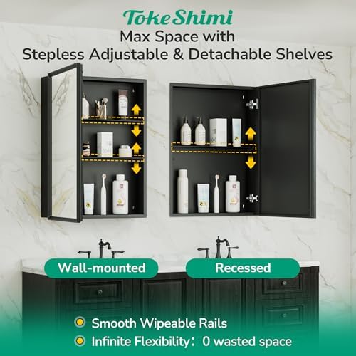 TokeShimi 30 x 26 Medicine Cabinet Mirror for Bathroom, Assembly Required, Black Recessed Medicine Cabinet with Mirror, Stepless Adjustable Shelves, Beveled Aluminum Frame, Tempered Glass - Image 6