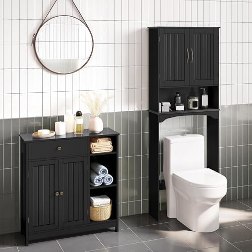 Yaheetech Bathroom Storage Cabinet with Drawer and 2 Beadboard Doors, Black - Image 2