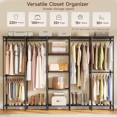 ONBRILL F5 Extra Large Industrial Pipe Clothing Rack, Freestanding Portable Closet Organizer System with Shelves & Hanging Rods, 86.6'' Wide Heavt Duty Clothes Rack, Max Load 1300lbs, Black - Image 4