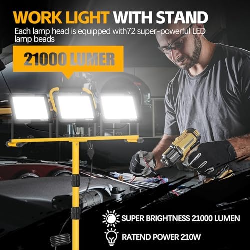 21000 Lumen Work Lights with Stand, 3 Adjustable Heads LED Work Light - Image 2