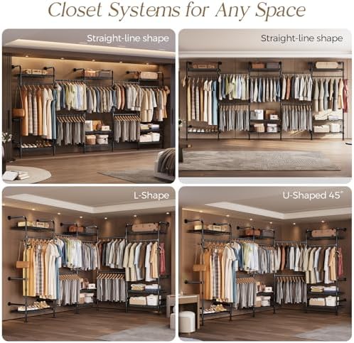 Wall Mounted Closet System, Heavy Duty 5-Row Clothes Rack, Expandable Industrial Pipe Closet Organizers and Storage with 4 Telescopic Rods, 3 Fixed Rods, 6 Hooks & 8 Shelves for Wardrobe, Bedroom - Image 5