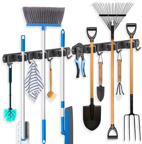 ZONGOOL 2 Pack Mop Broom Holder Wall Mount 3 Racks 4 Hooks Storage Black by ZONGOOLHouseware