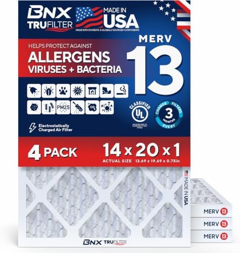 BNX TruFilter 14x20x1 Air Filter MERV 13 AC Filter, HVAC Furnace Filter, 6 Pack (ACTUAL SIZE 13.68"x19.68"x0.75") Allergies, Dust, Pet Dander & Smoke - MADE IN USA - MPR1500 / FPR 10 by BNX