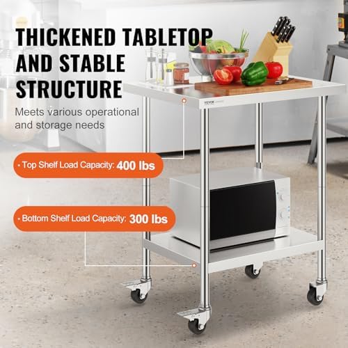 VEVOR Stainless Steel Work Table 24 x 30 x 38 Inch, with 4 Wheels, 3 Adjustable Height Levels, Heavy Duty Food Prep Worktable for Commercial Kitchen Restaurant, Silver - Image 5