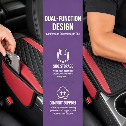 Center Console Cover, PU Leather Car Armrest Cushion with Side Storage Pockets, Universal Armrest Protector Organizer for SUV Truck Sedan (Red) - Image 5