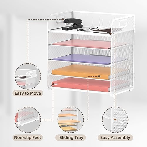 Supeasy 5 Trays Paper Organizer Letter Tray with Handle-Mesh Desk File Holders, Paper Sorter Desk Organizer for Office, Home, Classroom or School, White - Image 3