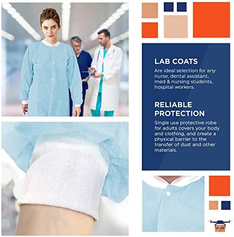 EZGOODZ Disposable Lab Coats for Adults, Small Sky Blue, 45 GSM Polypropylene, Unisex Lab Coat with Snap Front, Knit Cuffs and Collar, 3 Pockets, Pack of 50 - Image 3