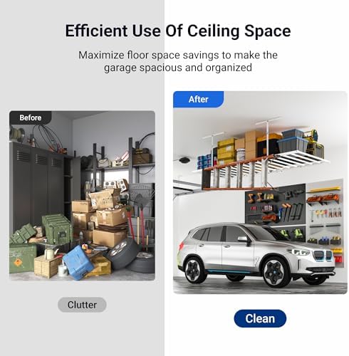 FLEXIMOUNTS 4x8 Overhead Garage Ceiling Storage Rack with 6 Hooks, White - Image 7