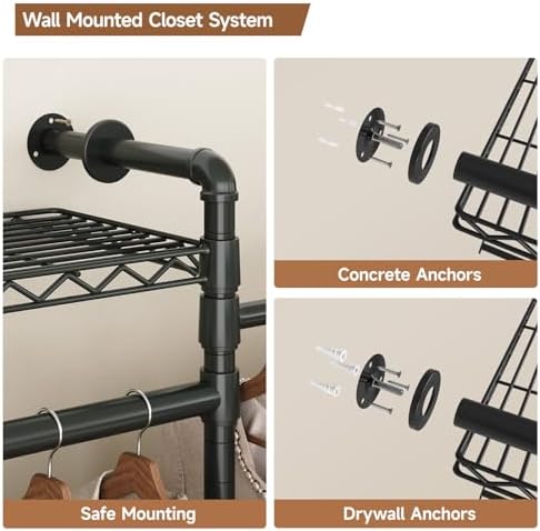 3-Bay Industrial Pipe Closet System, Wall Mounted Garment Racks, Black - Image 7
