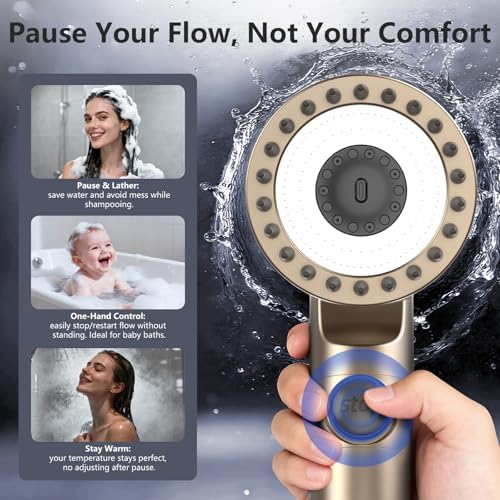 Filtered Shower Head with Handheld, High Pressure Water Flow and Multiple Spray Modes Shower Head with Filter, Power Wash for Hard Water, Showerhead with ON/OFF Switch for Pets Bath (Golden) - Image 5