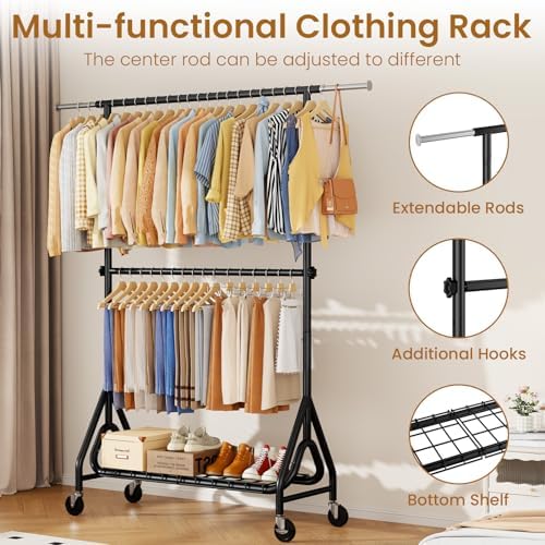 Heavy Duty Clothes Rack for Hanging Clothes, Double Rods Clothing Rack with Lockable Wheels, Rolling Garment Racks with Shelf, Easy to Assemble, Black - Image 3