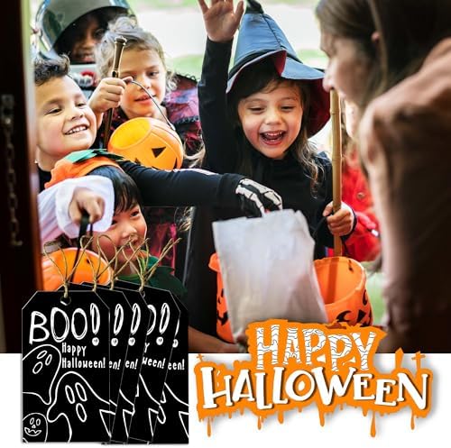 Black Halloween Paper Gift Tags with String-50Pcs, Happy Halloween Cute Ghost Boo Tags for Goodie Bags, 2 x 3.5 Inch Writable Waterproof Hanging Labels for Decor Party Supplies, Gift Wrapping-B09 - Image 6