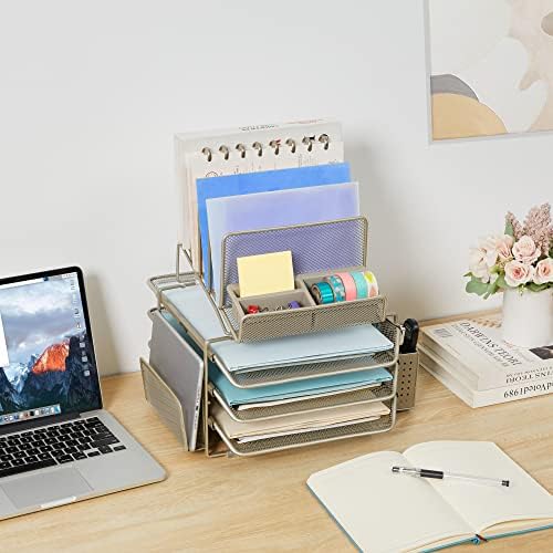 DESIGNA Stackable Mesh Desk Organizer with 3 Sliding Letter Trays 4 File Holders 2 Side Compartments & Pencil Holder Non-slip All In One Desktop Accessories Organizers Office Storage, Champagne - Image 2